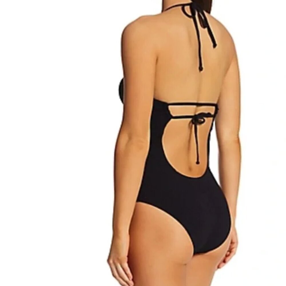 BECCA Pucker Up Candice Large Green Textured‎ Halter Cut Out One Piece Swimsuit - Picture 9 of 10
